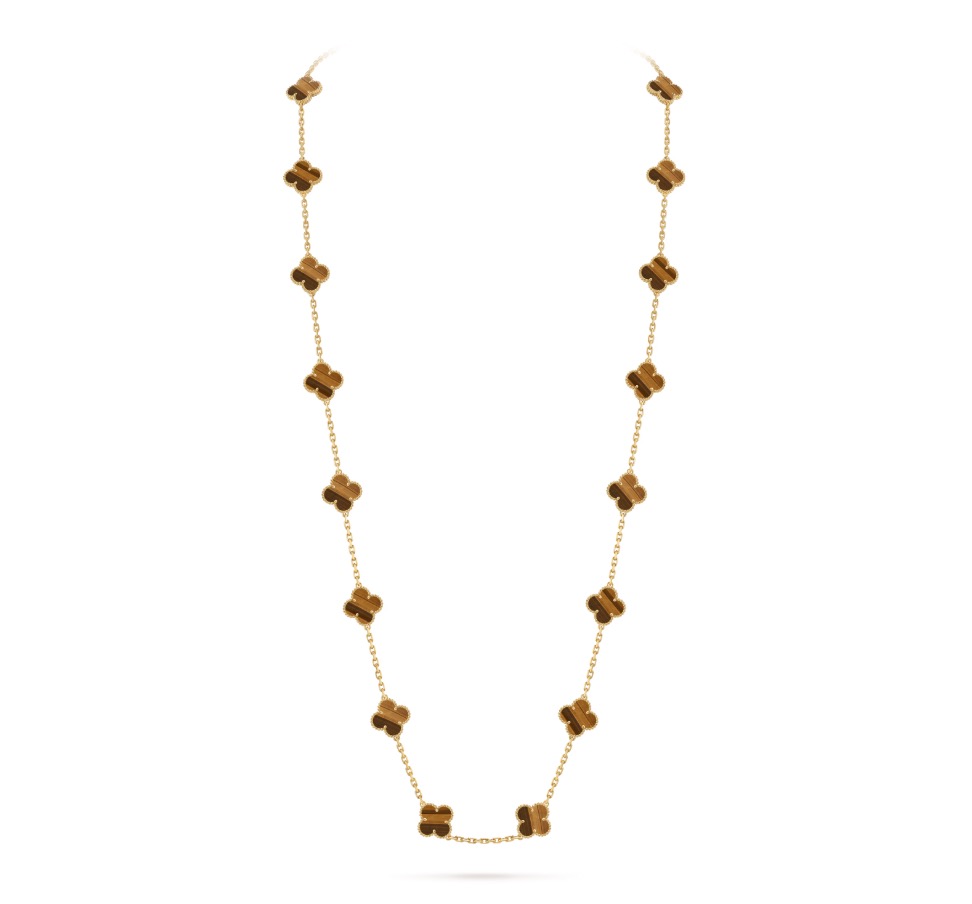 Replica Van Cleef & Arpels Vintage Alhambra Long Necklace, 20 Motifs Tiger Eye