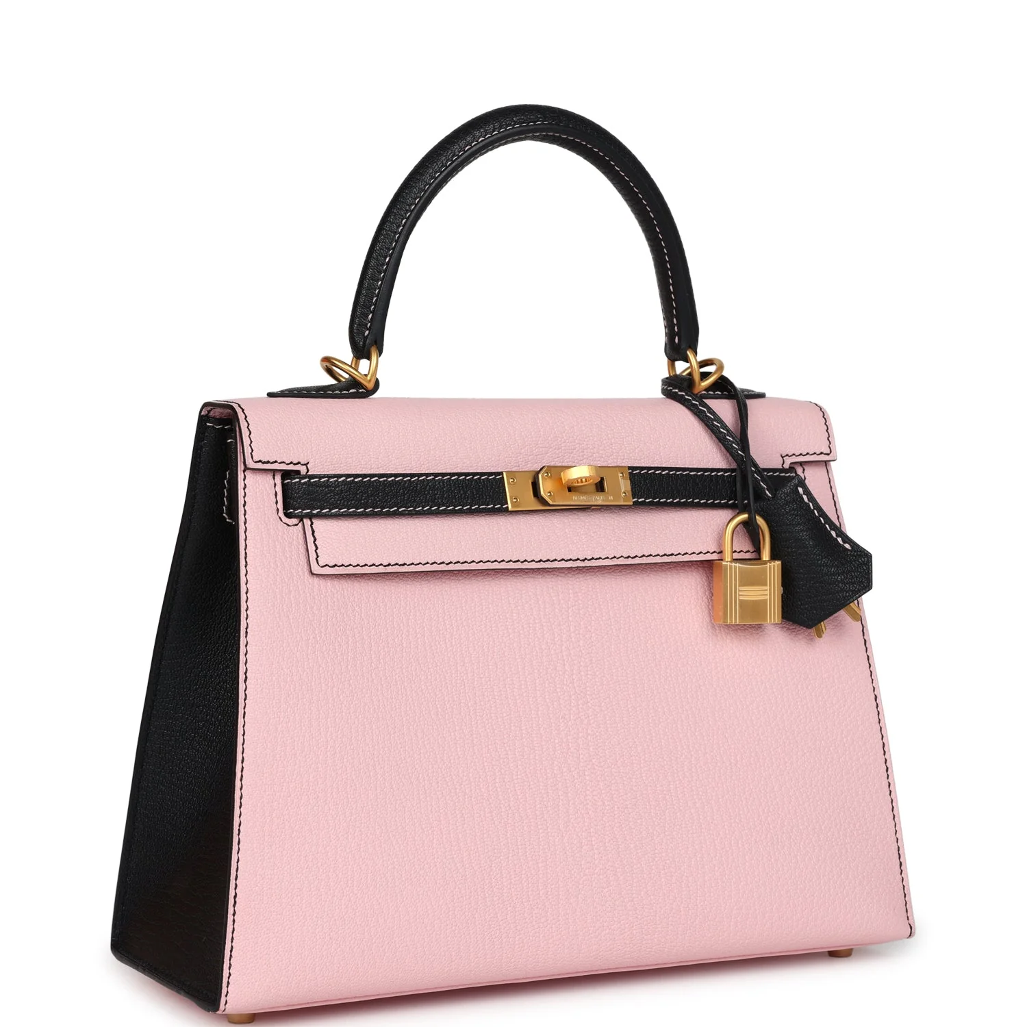 Replicate Hermes Special Order (HSS) Kelly Sellier 25 Rose Sakura and Black Chevre Mysore Brushed Gold Hardware(1:1 replica)