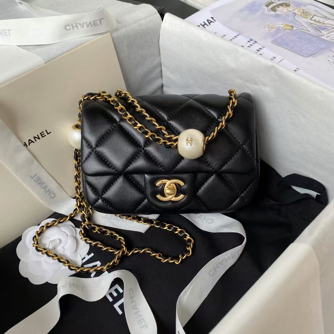 Replicate Chanel AS4868 Mini Flap Bag Pearl Lambskin Faux Pearl Gold Metal Black(1:1 replica)