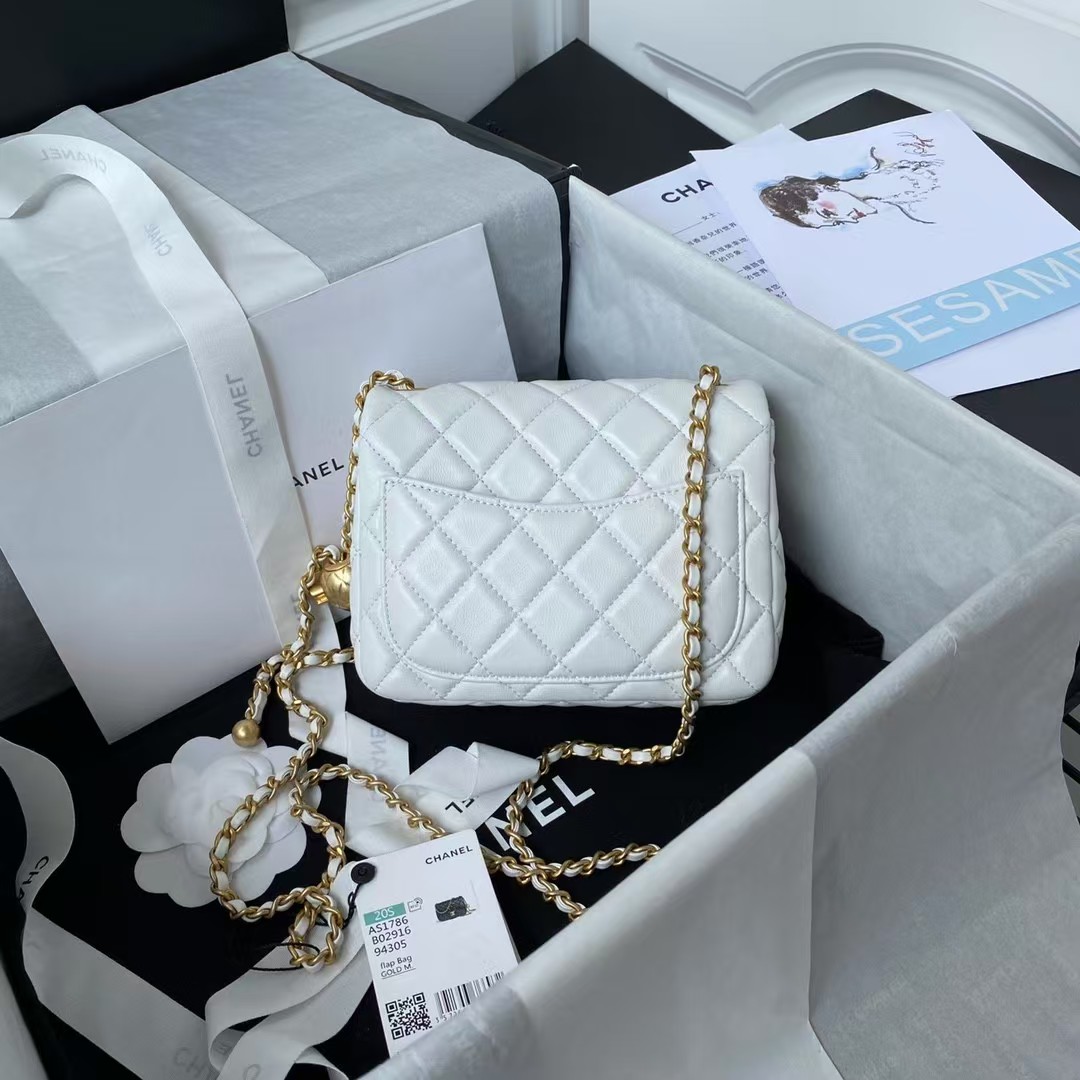 Replicate Chanel 23C AS1786 Mini Square Pearl Embossed Flap Bag Antique Gold Hardware White(1:1 replica)