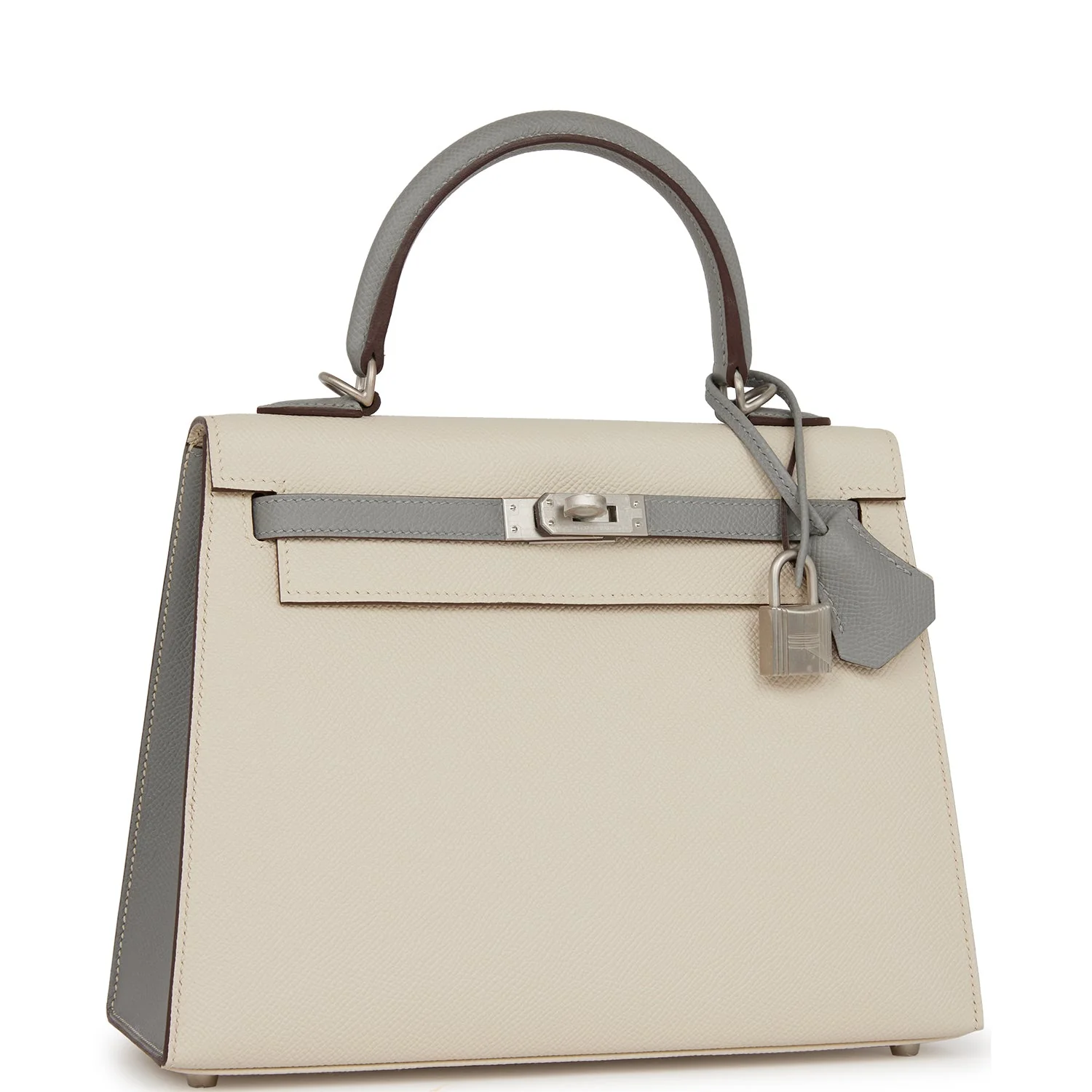Replicate Hermes Special Order (HSS) Kelly Sellier 25 Craie and Gris Mouette Epsom Brushed Palladium Hardware(1:1 replica)