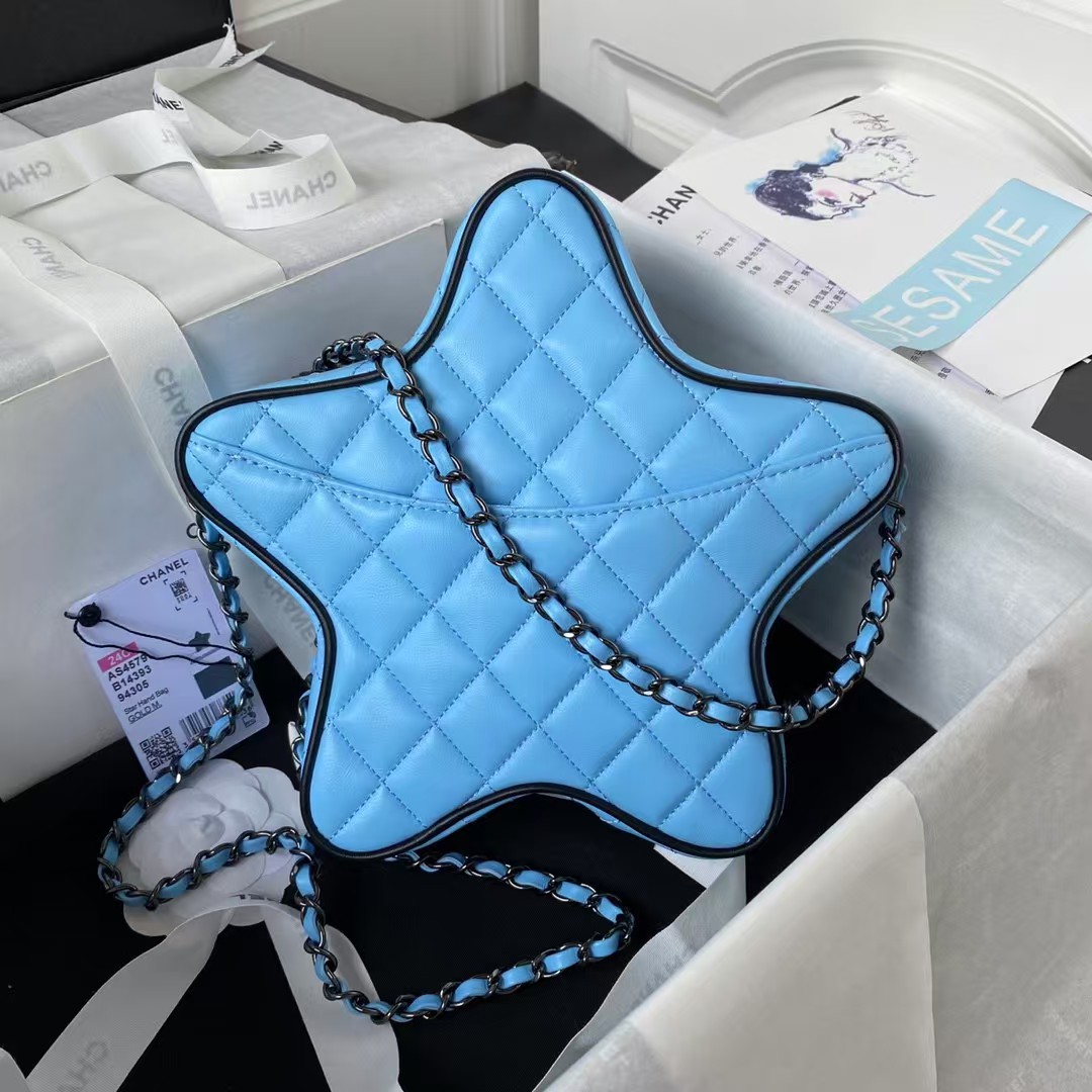 Replicate Chanel 24C AS4579 Star Bag Sky Blue and Black Satin Black Metal Hardware(1:1 replica)