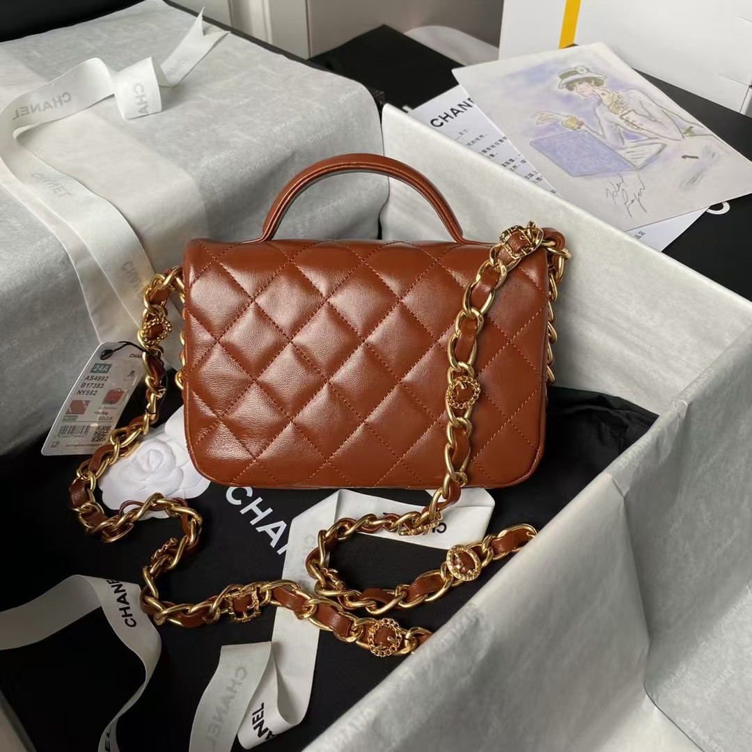 Replicate Chanel 24A AS4992 Mini Shiny Lambskin Flap Bag with Top Handle Brown(1:1 replica)