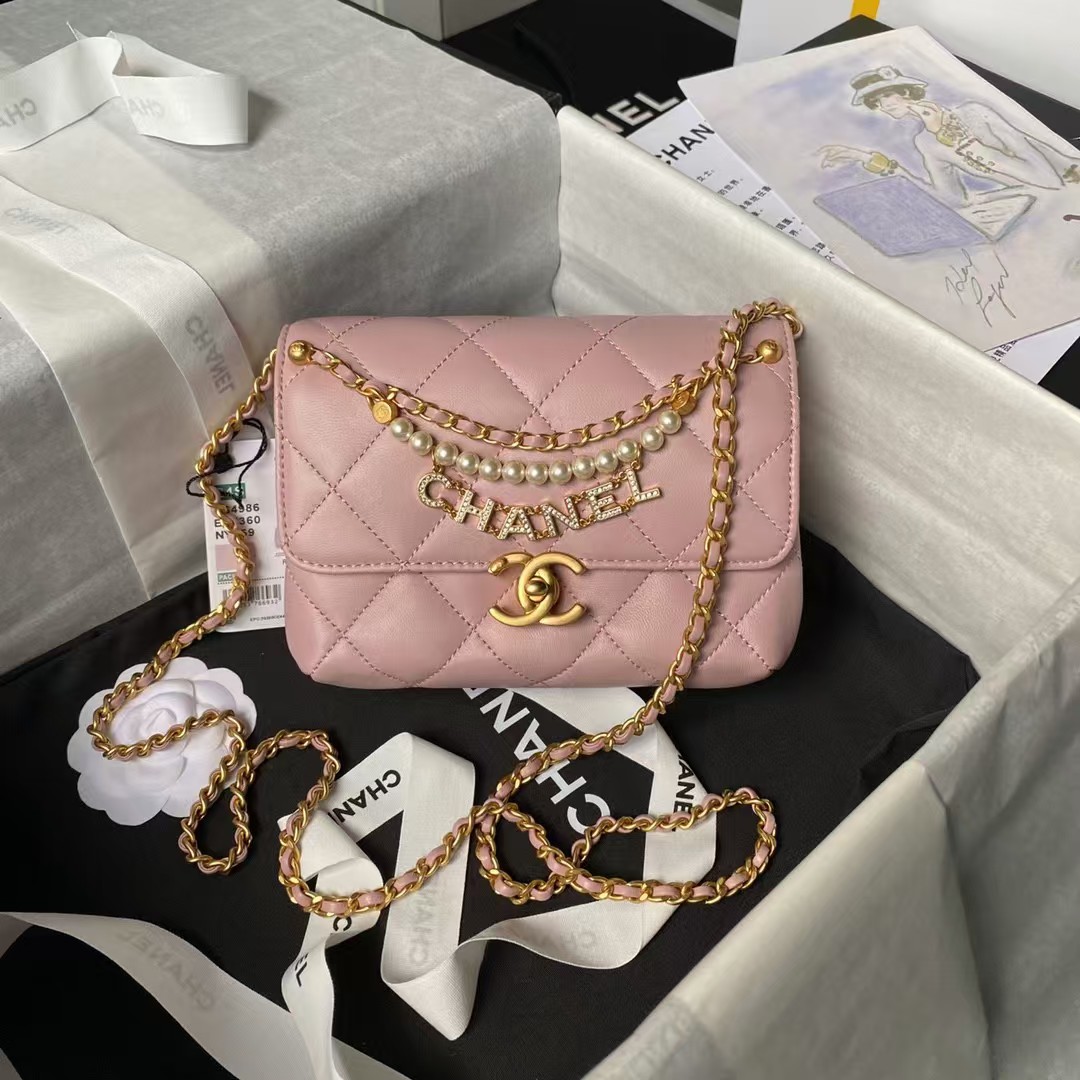 Replicate Chanel AS4986 Mini Flap bag Shiny Lambskin Imitation Pearls Gold-Tone Metal Pink(1:1 replica)
