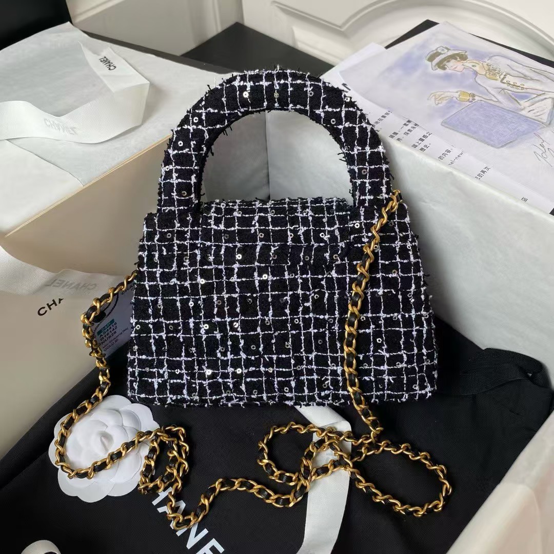 Replicate Chanel AS4416 Mini Shopping Bag Tweed and Black Calfskin Gold-Tone Metal Black and White(1:1 replica)