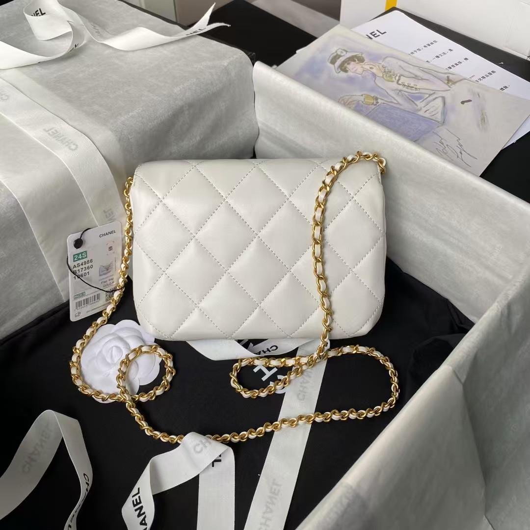 Replicate Chanel AS4986 Mini Flap bag Shiny Lambskin Imitation Pearls Gold-Tone Metal White(1:1 replica)