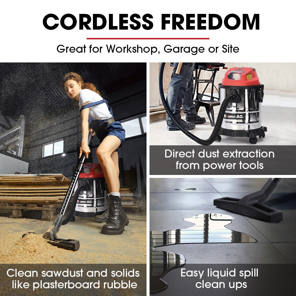 BAUMR-AG 20L Cordless Wet & Dry Vacuum Cleaner Kit, with 4Ah battery and Charger, Blower, HEPA Filter, Accessories, Stainless Steel, for Car, Home, Garage