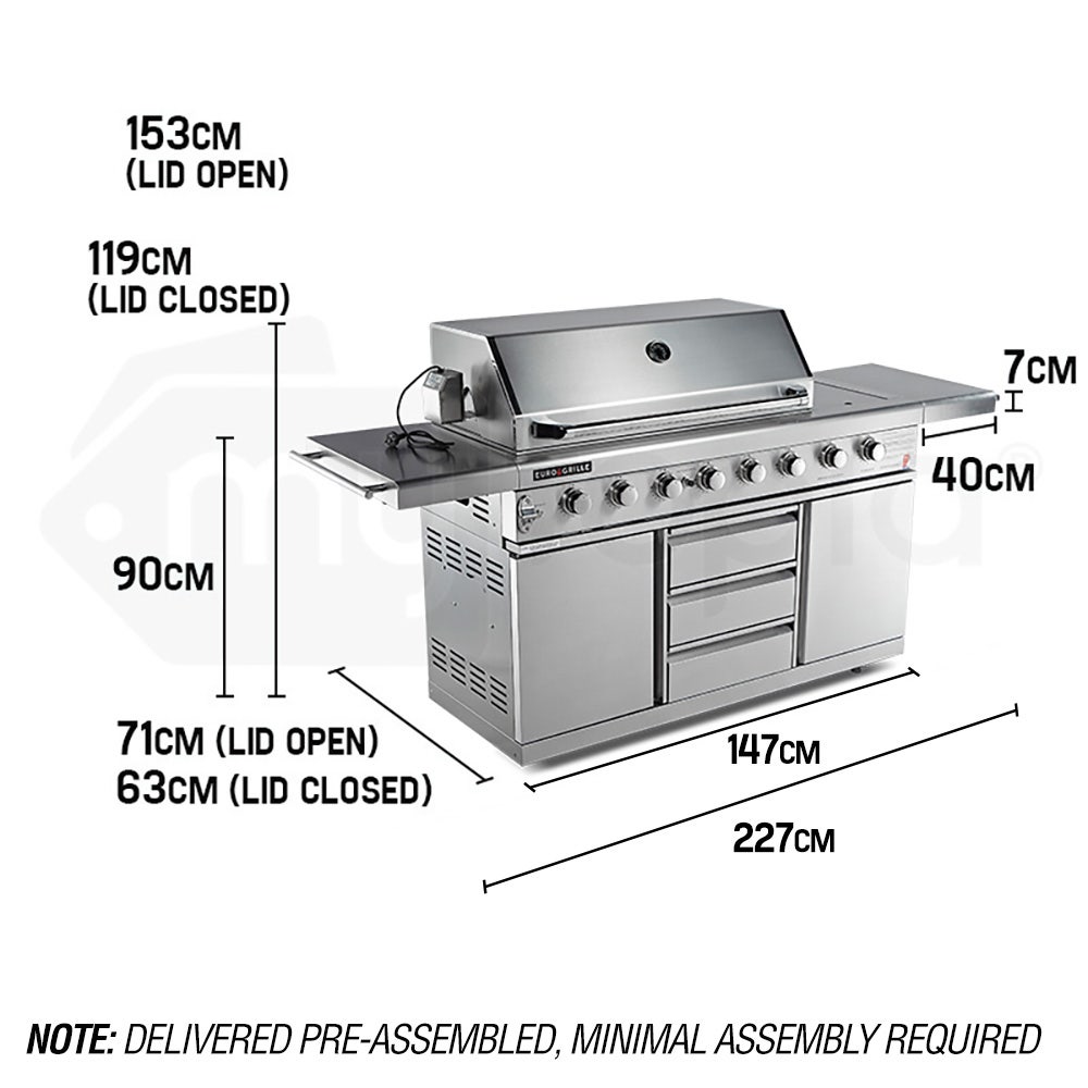 EuroGrille 8 Burner BBQ Outdoor Barbeque Gas Stainless Steel Kitchen