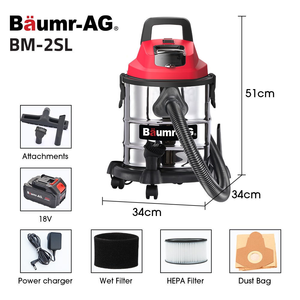 BAUMR-AG 20L Cordless Wet & Dry Vacuum Cleaner Kit, with 4Ah battery and Charger, Blower, HEPA Filter, Accessories, Stainless Steel, for Car, Home, Garage