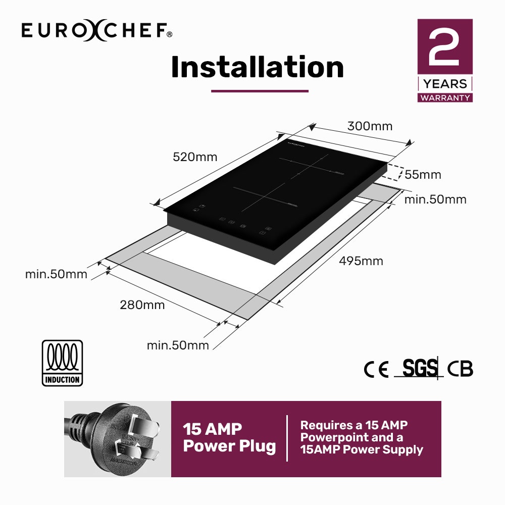 EUROCHEF 30cm 2 Zone Induction Cooktop, 3300W Electric, Touch Controls