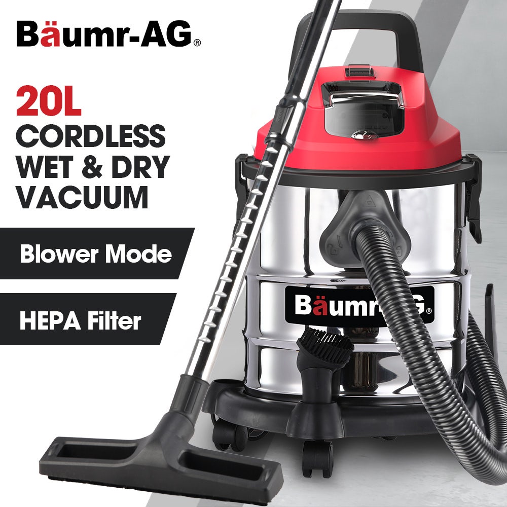 BAUMR-AG 20L Cordless Wet & Dry Vacuum Cleaner Kit, with 4Ah battery and Charger, Blower, HEPA Filter, Accessories, Stainless Steel, for Car, Home, Garage