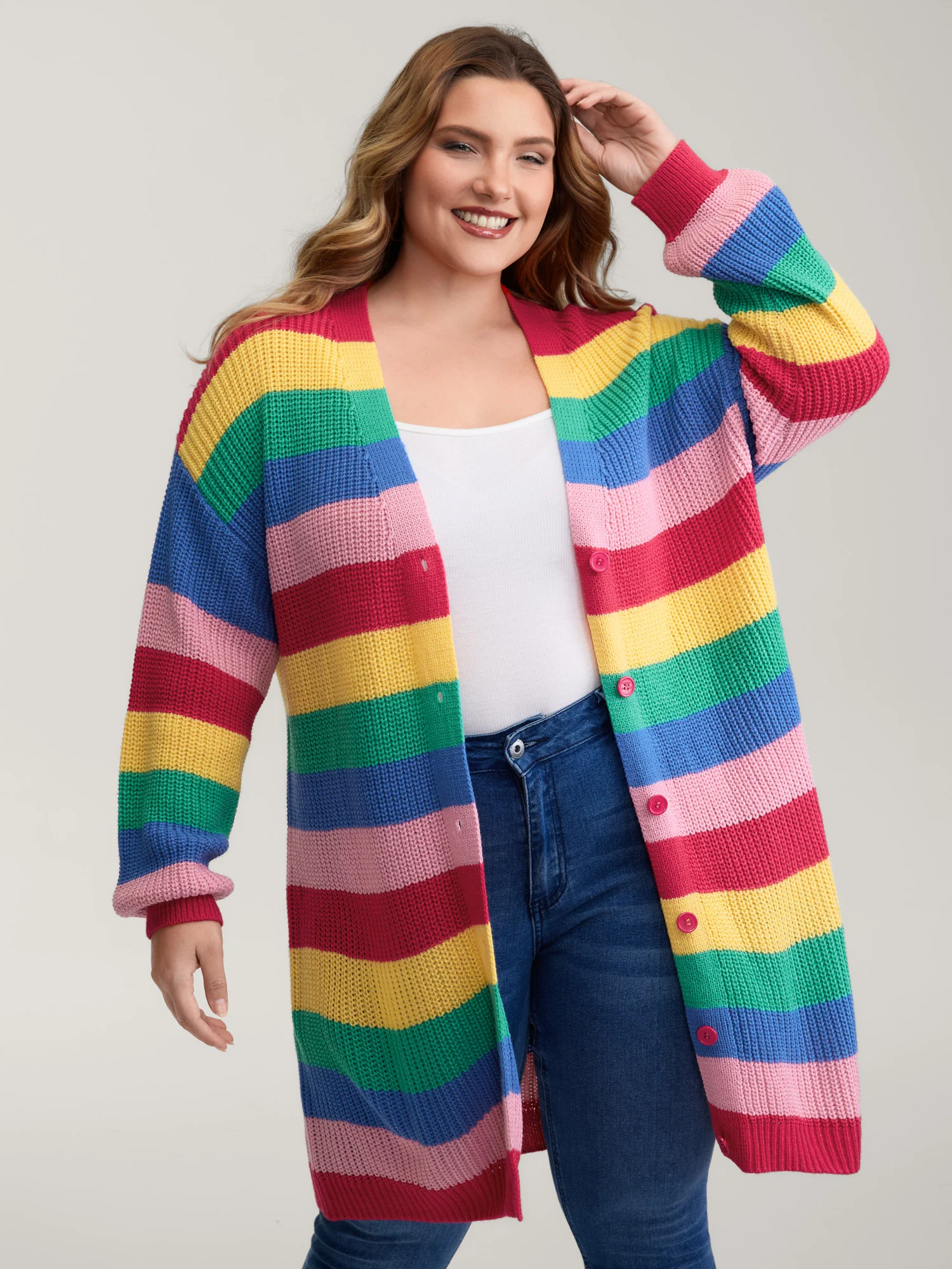 Colorblock Contrast Texture Button Cardigan
