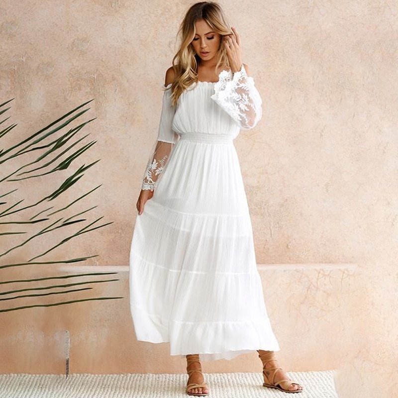 2021 Women Strapless Long Sleeve Loose White Beach Dress Sexy Off Shoulder Lace Boho Women Maxi Dress