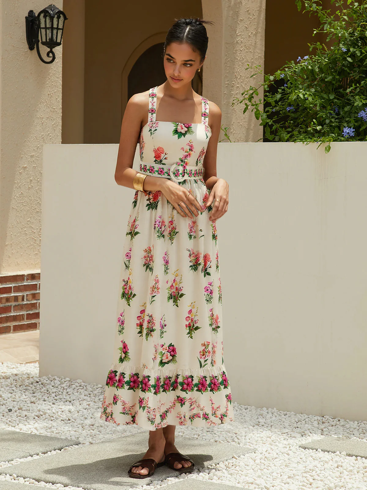 Floral Print Belted Midi Dress