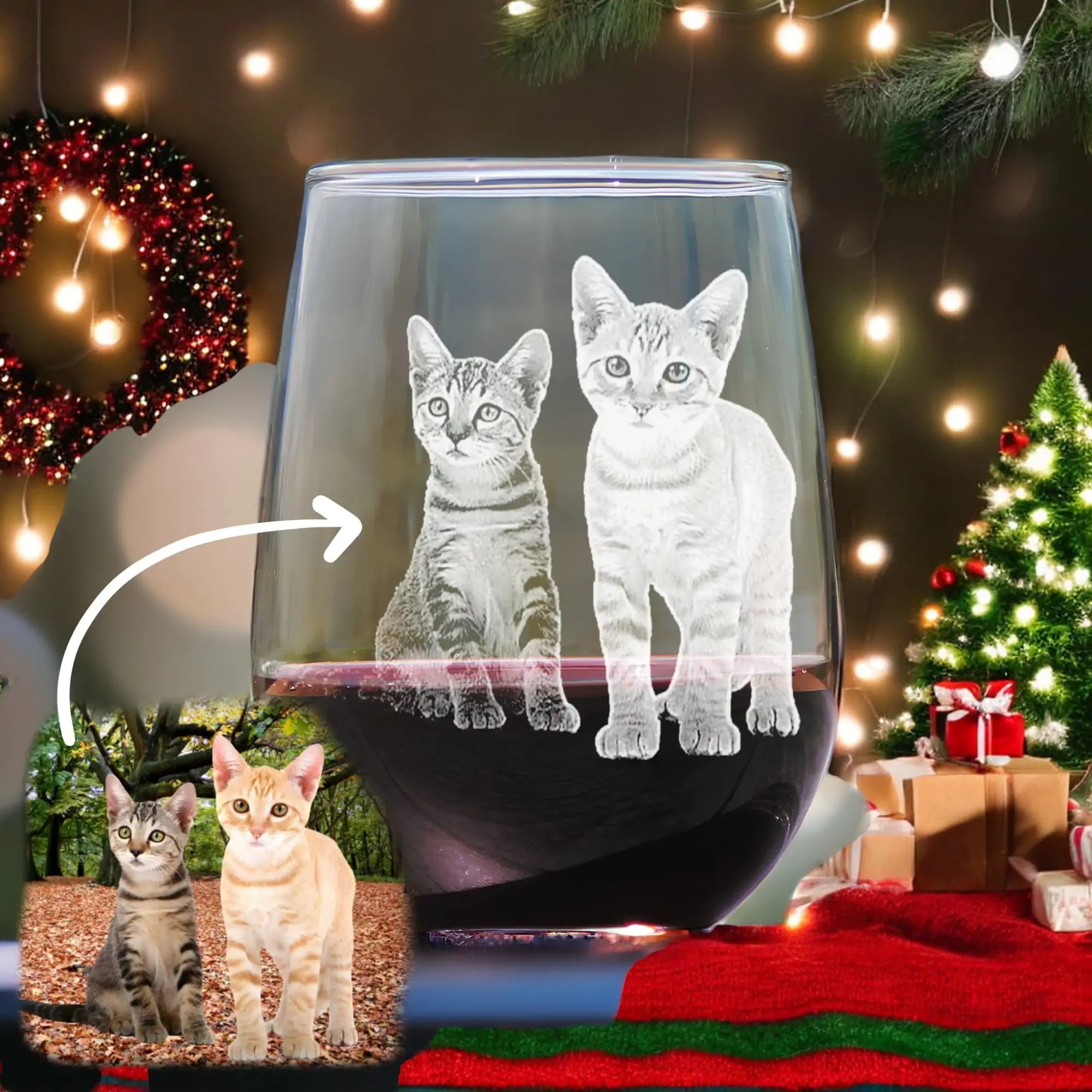Custom Engraved Cat Wine Glass �C Personalized Cat Photo Glassware | Unique Feline Memorial Christmas Gift