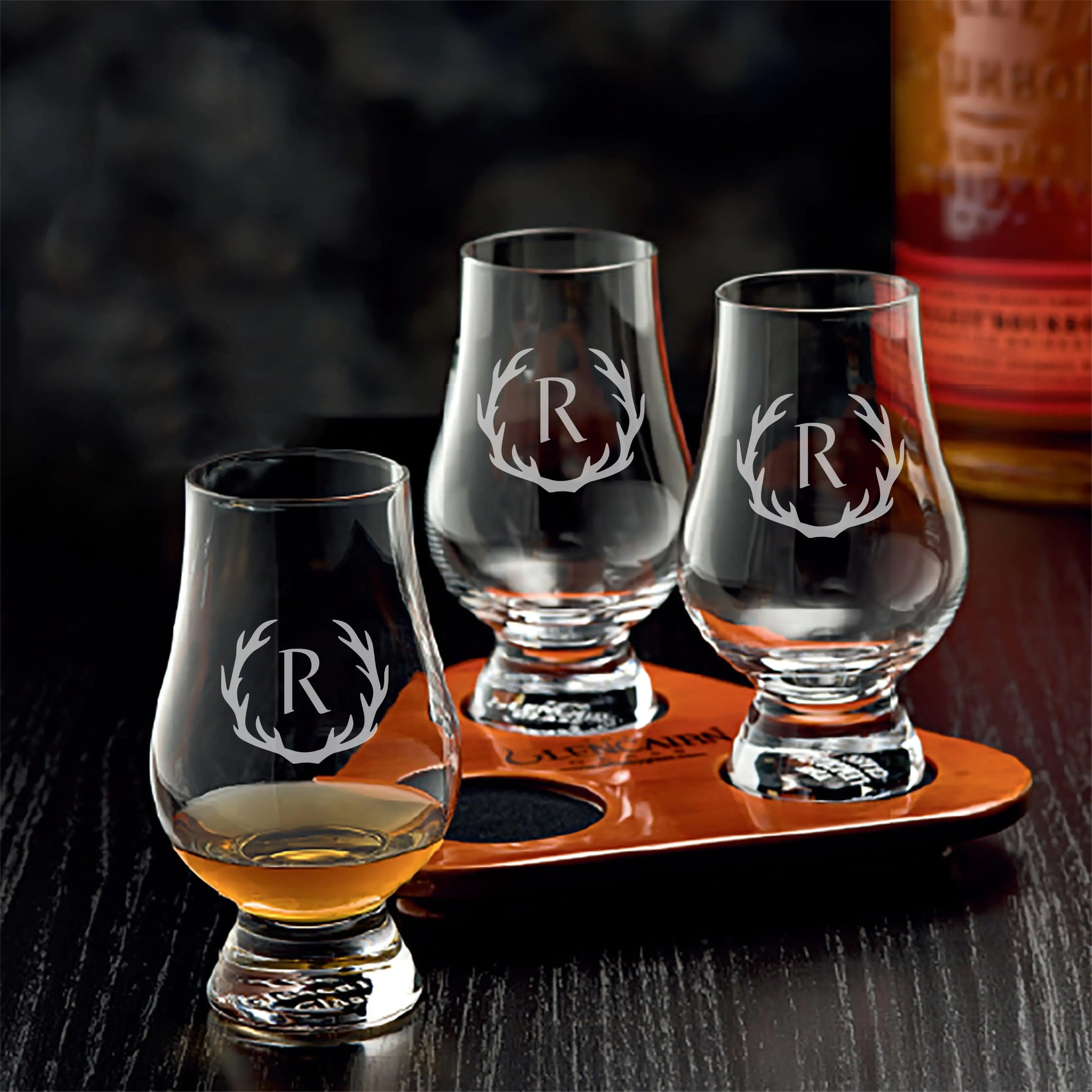 Engraved 6oz. Glencairn Glasses 3 Piece Set with Flight Tray