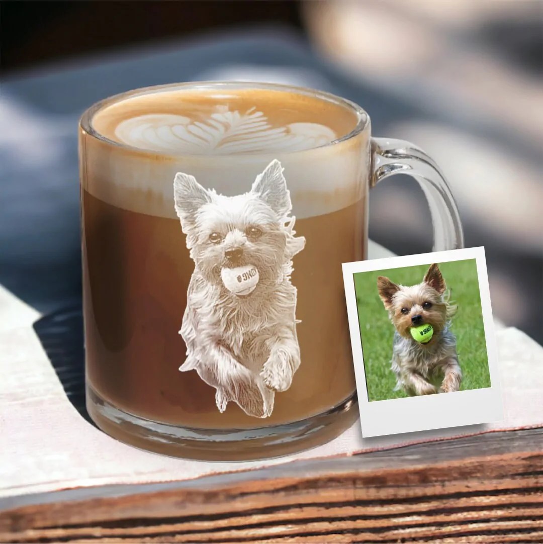 Custom Engraved Coffee Glass with Your Dogs Photo �C Engraved Gift for Pet Lovers, Amazing Coffee Holiday Gift, Tea Cup, Personalized Gifts