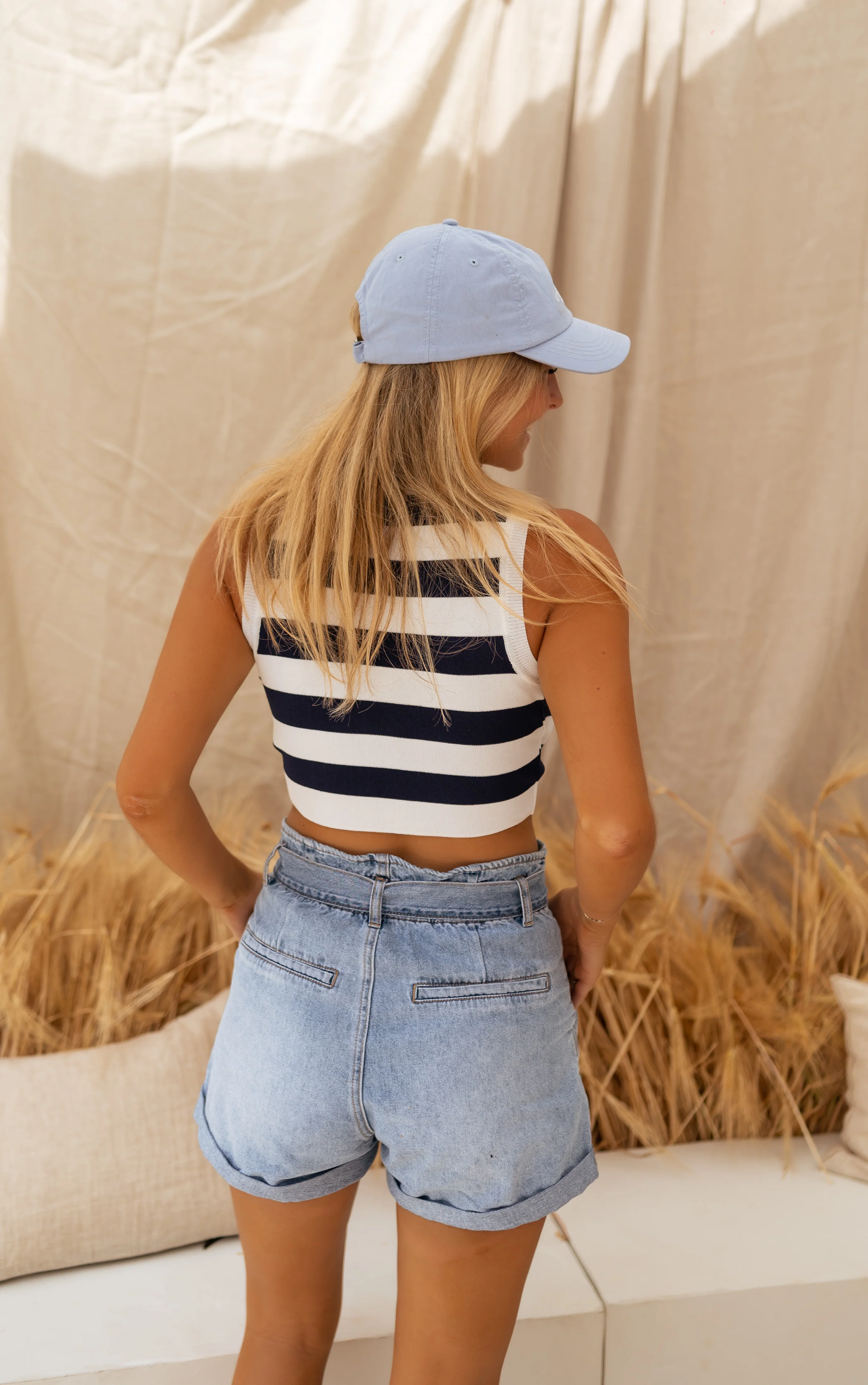 Blue and Ecru Striped Bertila Top