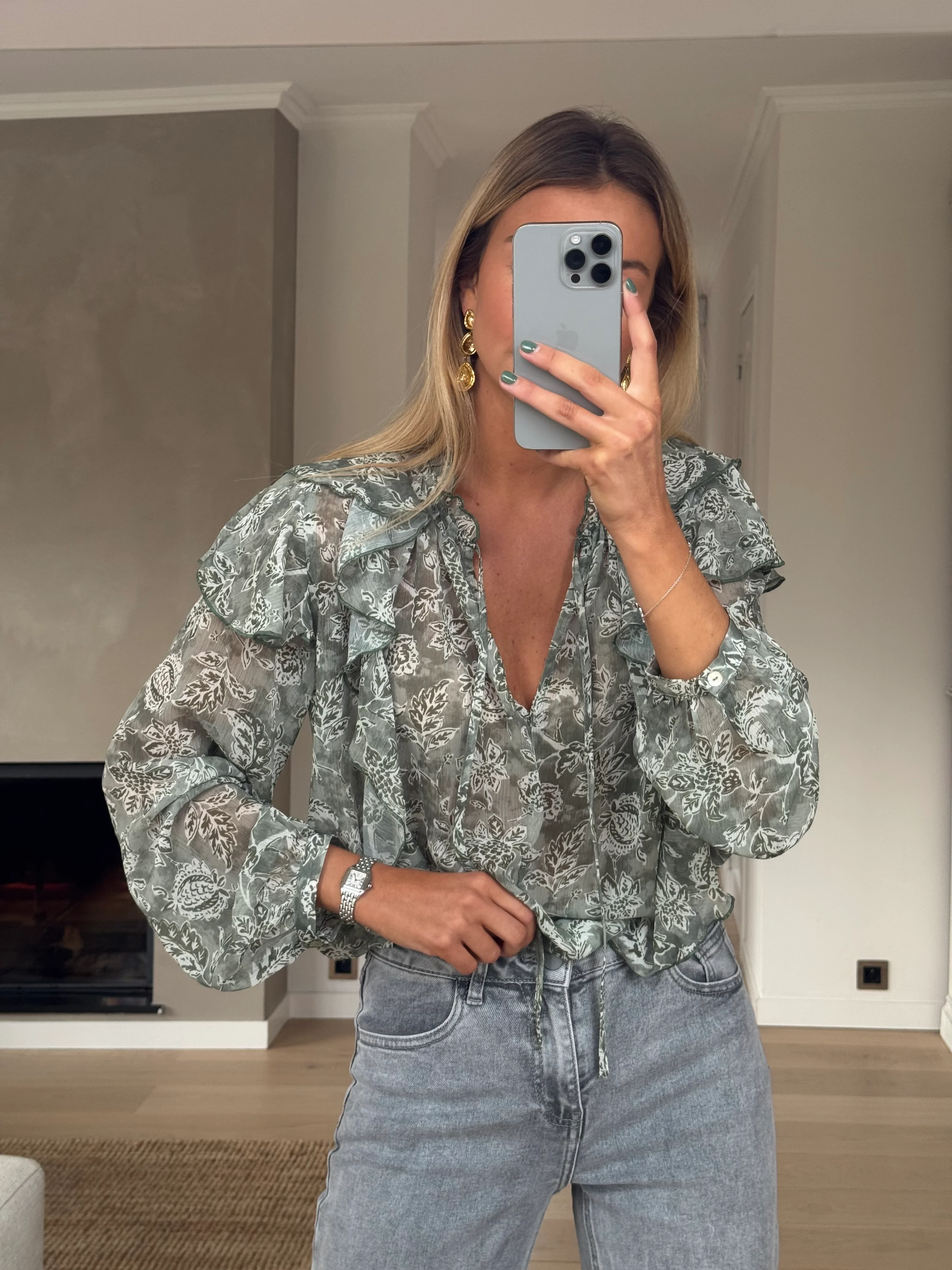 Green and Ecru Reva Blouse