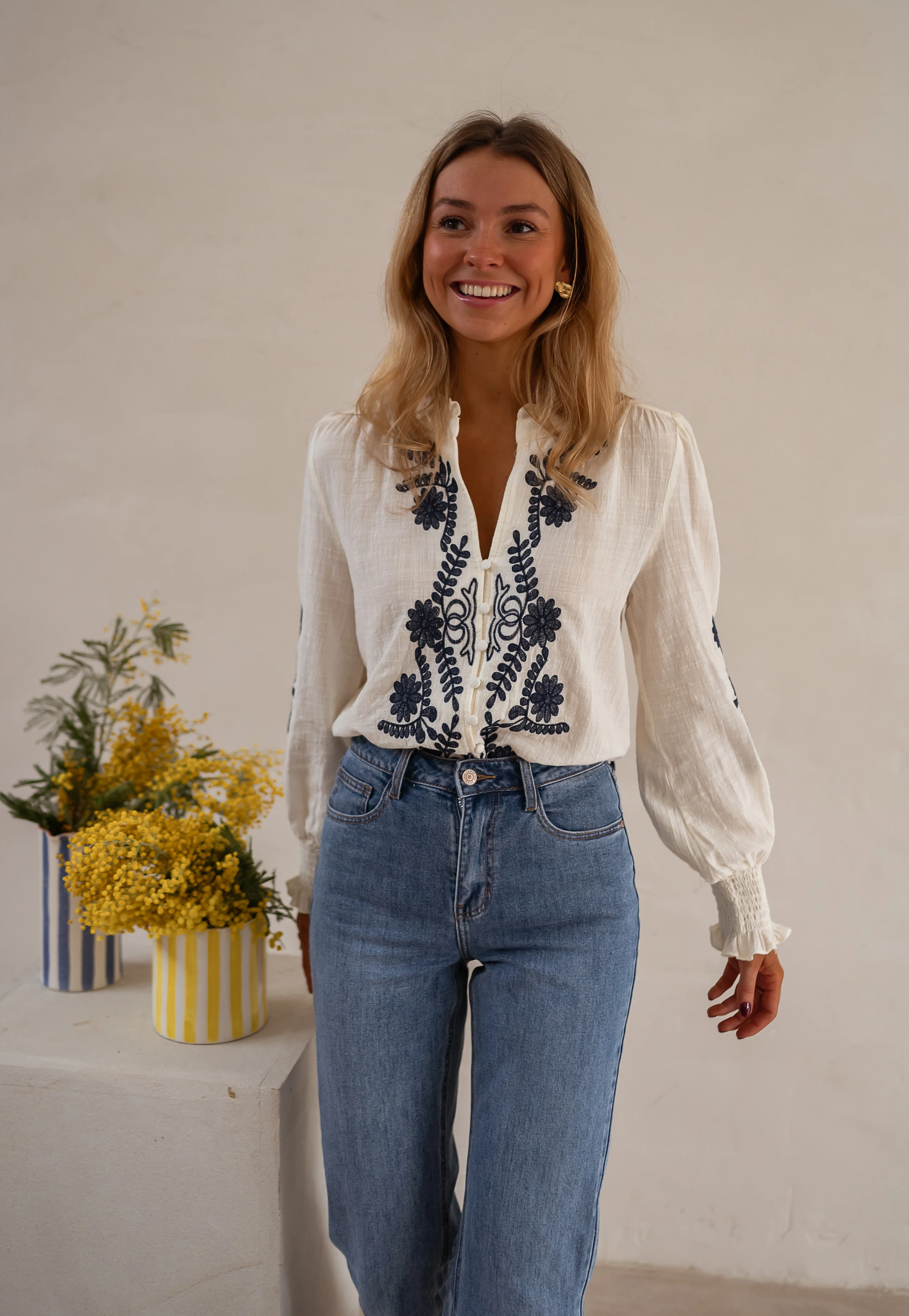 Ecru and Blue Embroidered Salome Blouse