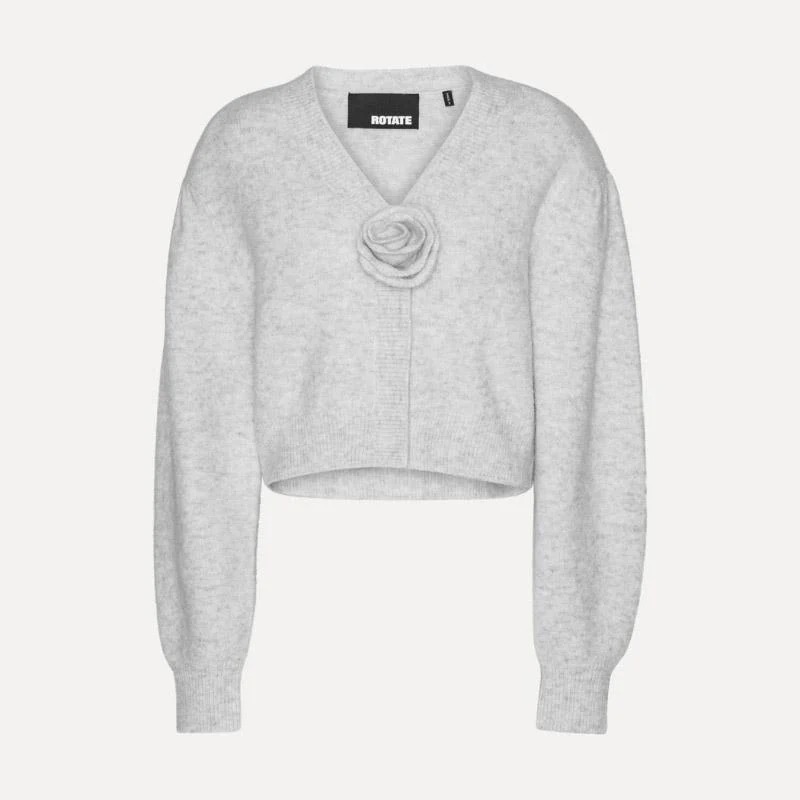 Cardigan in Maglia con Maniche a Sbuffo in Grigio Chiaro