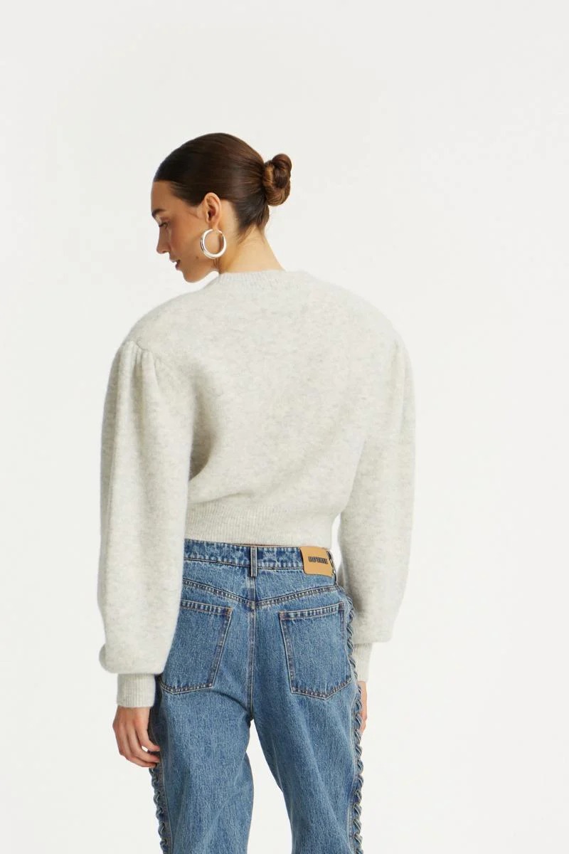 Cardigan in Maglia con Maniche a Sbuffo in Grigio Chiaro