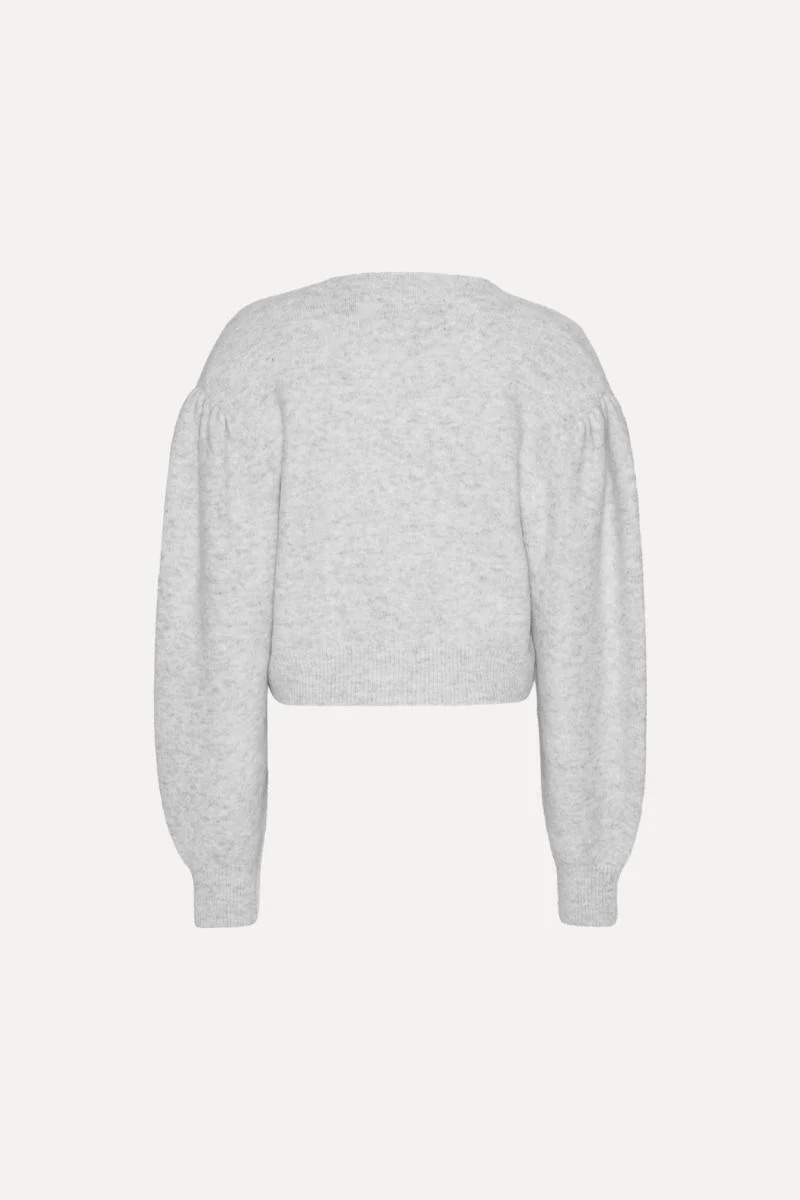 Cardigan in Maglia con Maniche a Sbuffo in Grigio Chiaro