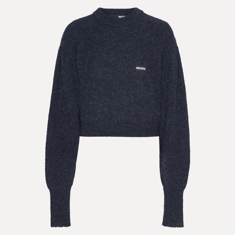 Maglia Girocollo con Maniche a Sbuffo in Blu Scuro