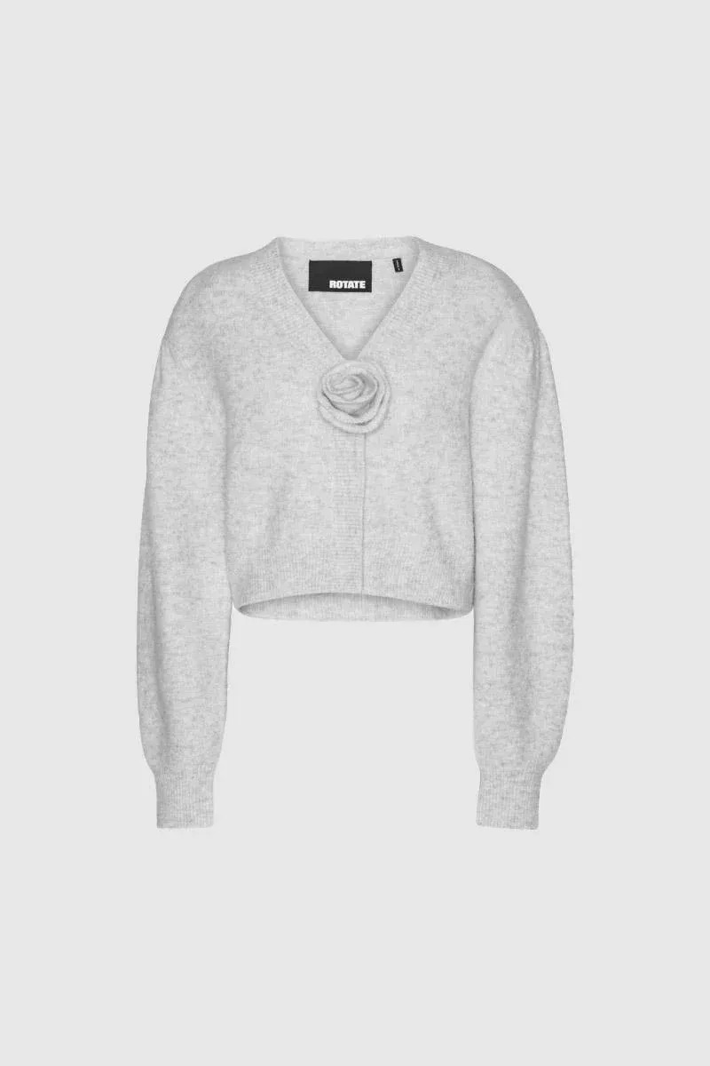 Cardigan in Maglia con Maniche a Sbuffo in Grigio Chiaro