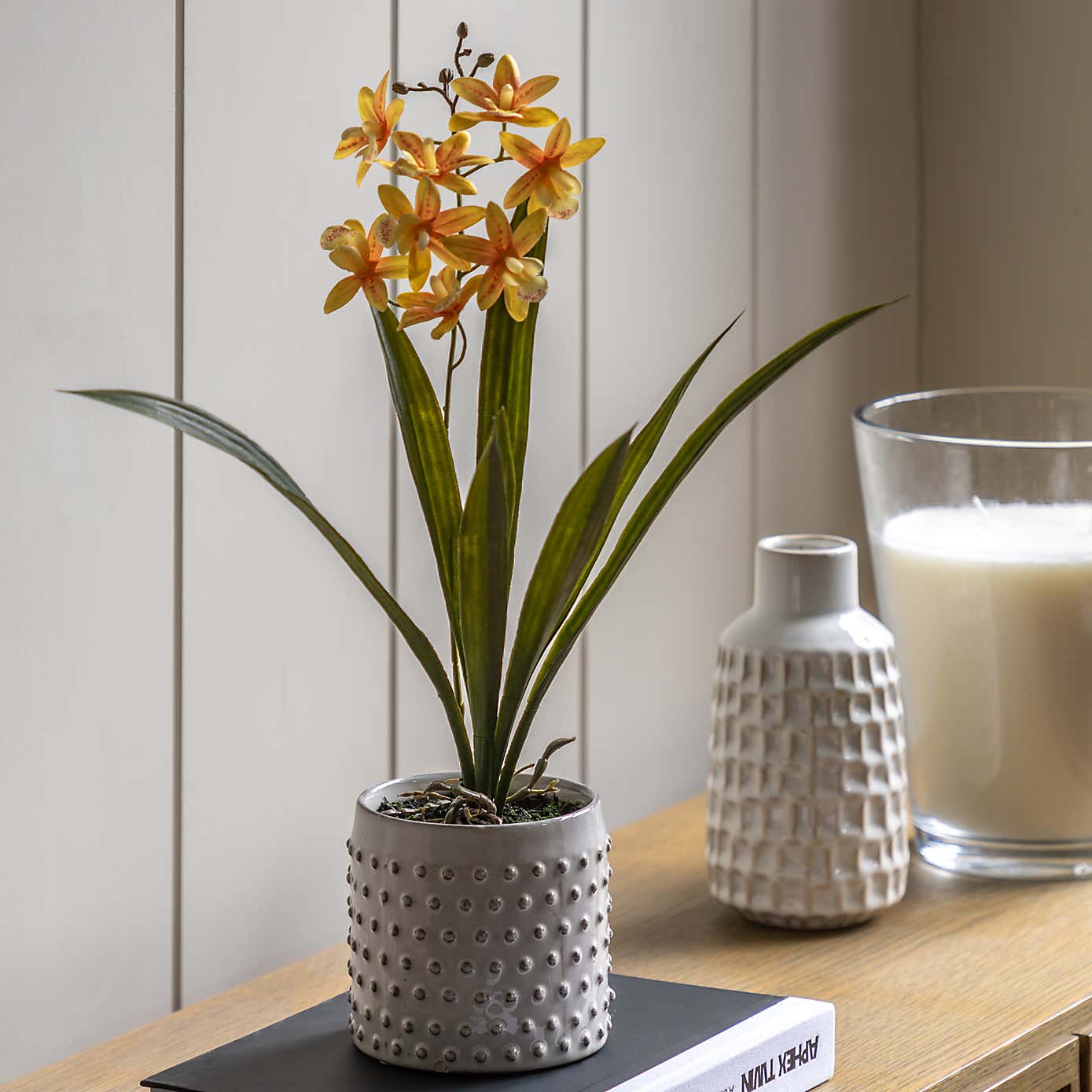 Artificial Orange Orchid in Ceramic Pot