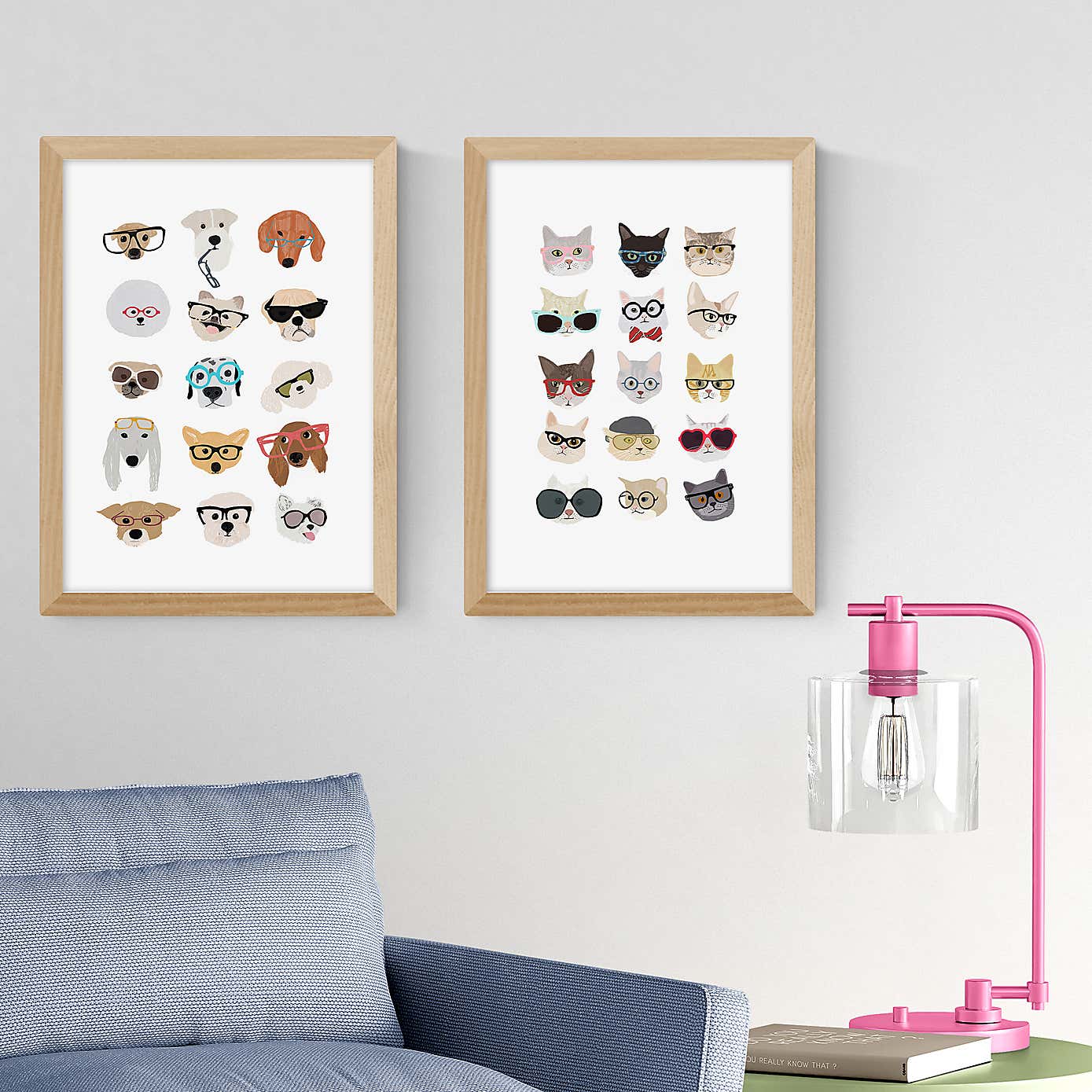 East End Prints Set of 2 Cats and Dogs in Glasses Prints
