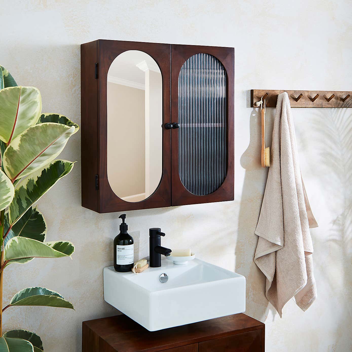 Elias Wall Cabinet, Acacia wood and Reeded Glass