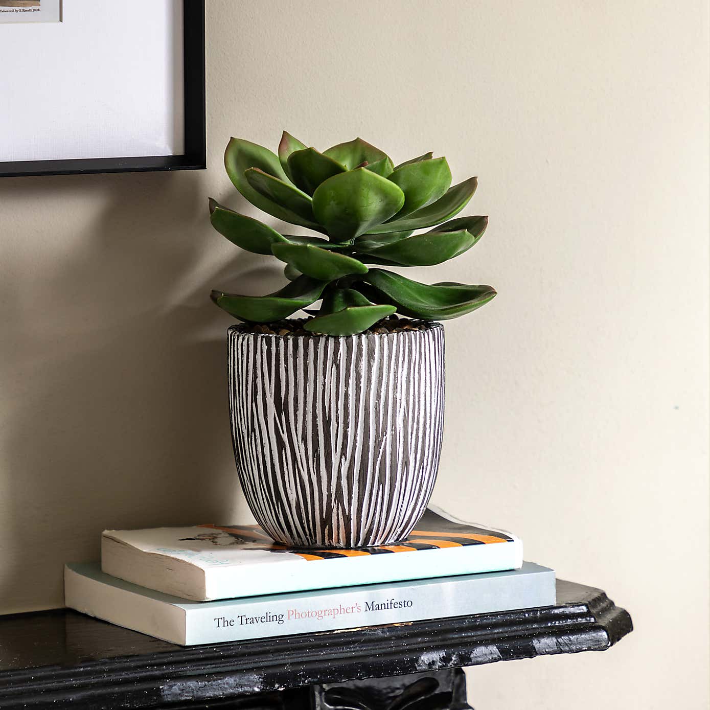 Artificial Succulent in Ribbed Ceramic Pot