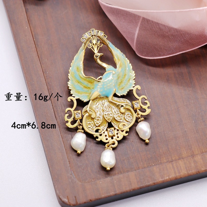 Bluegreen Hand Painted Colorful Peacock Animal Pearl Copper Brooch