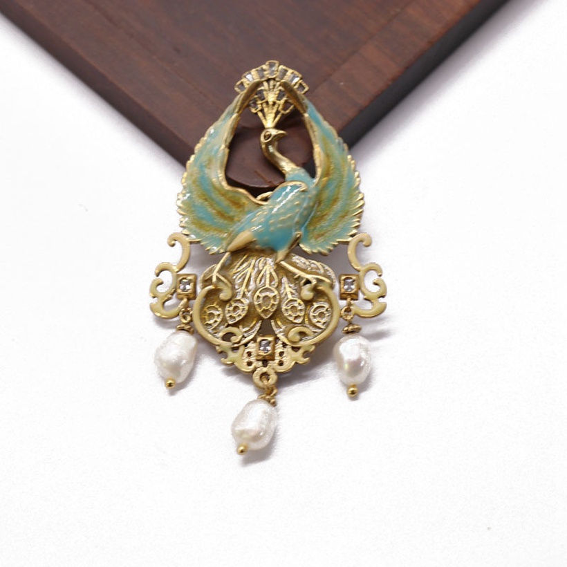 Bluegreen Hand Painted Colorful Peacock Animal Pearl Copper Brooch