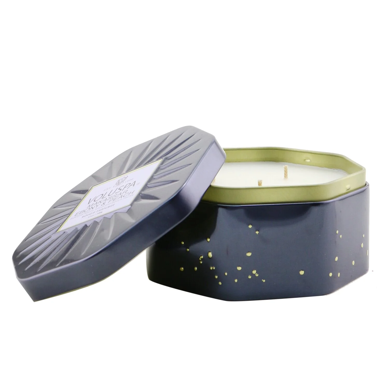 Voluspa 3 Wick Octagon Tin Candle - Makassar Ebony & Peach  340g/12oz