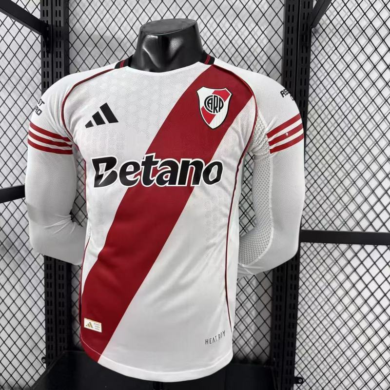 River Plate Authentic Soccer Jersey Home Long Sleeve Shirt 2025/26 - With Sponsors