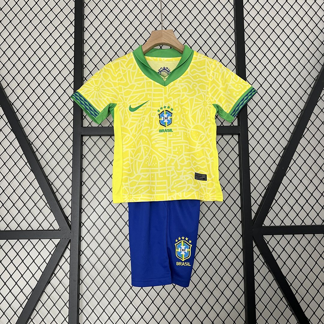 Brazil Home Soccer Uniform Kids Kit Jersey+Shorts Copa America 2024