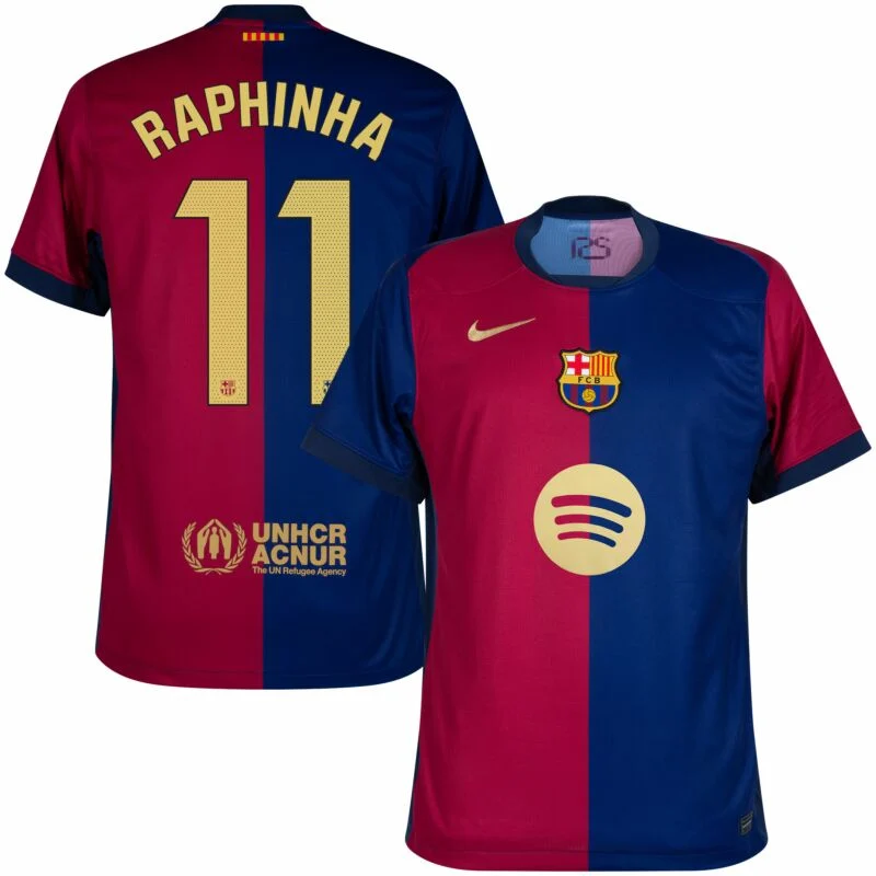 Barcelona Home Raphinha 11 Shirt incl. UNHCR and New Spotify Sponsor (La Liga) 2024-2025    Size S-4XL
