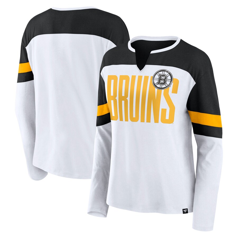 Women's Boston Bruins Fanatics White/Black Frozen Long Sleeve Notch Neck T-Shirt