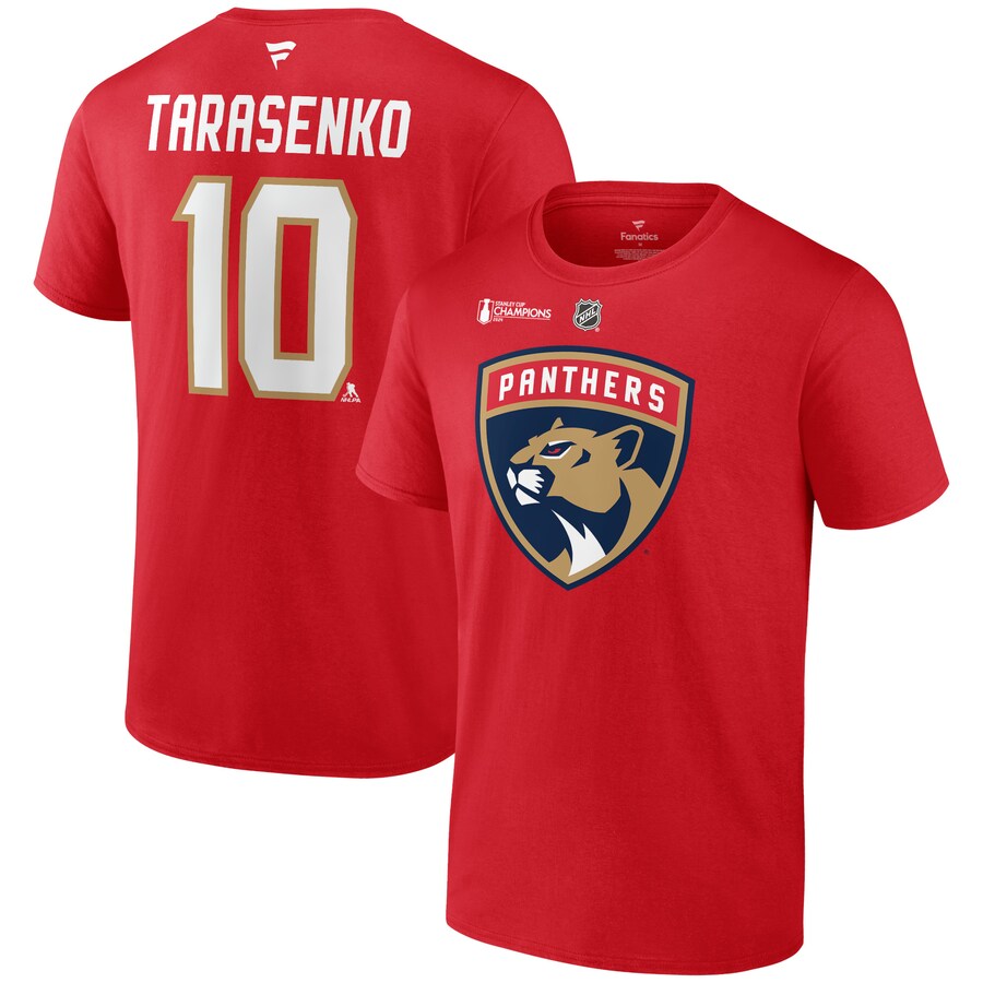 Men's Florida Panthers Vladimir Tarasenko Fanatics Red 2024 Stanley Cup Champions Authentic Stack Name & Number T-Shirt