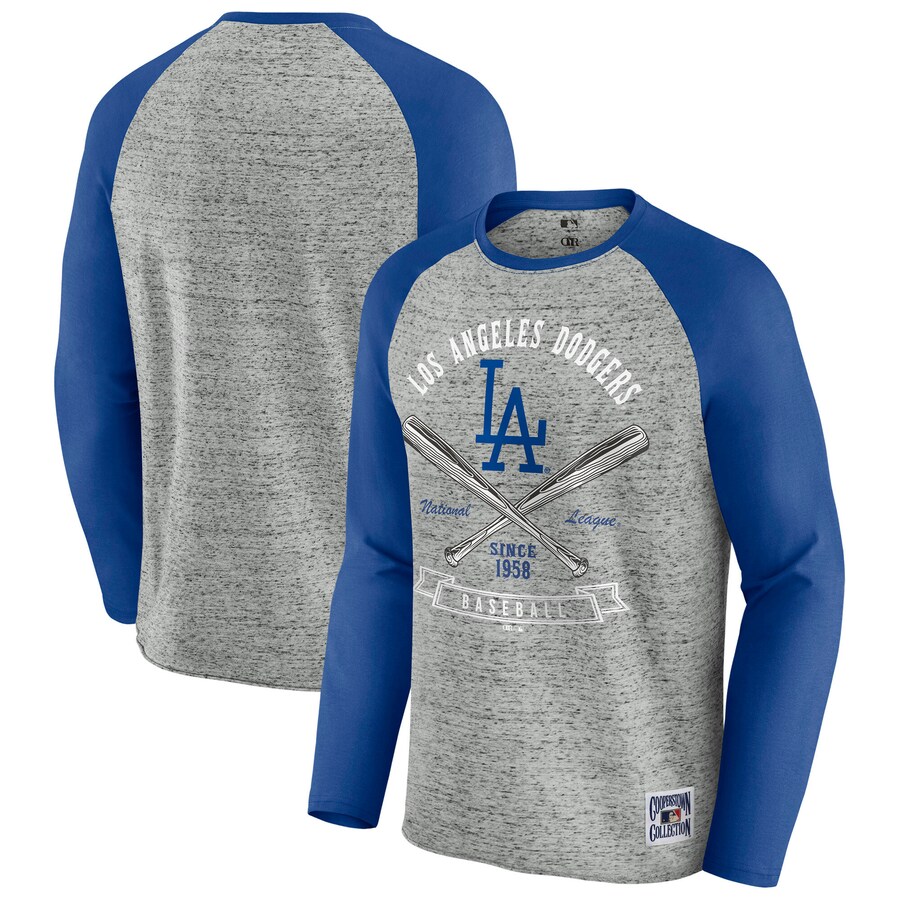 Men's Los Angeles Dodgers Darius Rucker Collection by Fanatics Heather Gray Raw Edge Raglan Long Sleeve Baseball T-Shirt