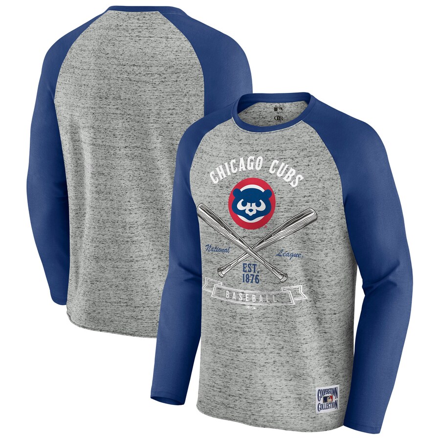 Men's Chicago Cubs Darius Rucker Collection by Fanatics Heather Gray Raw Edge Raglan Long Sleeve Baseball T-Shirt
