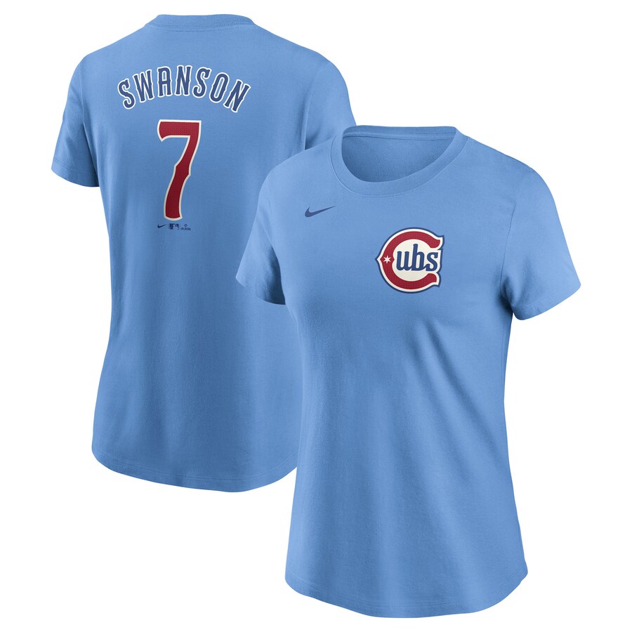 Women's Chicago Cubs Dansby Swanson Nike Baby Blue Fuse Name & Number T-Shirt