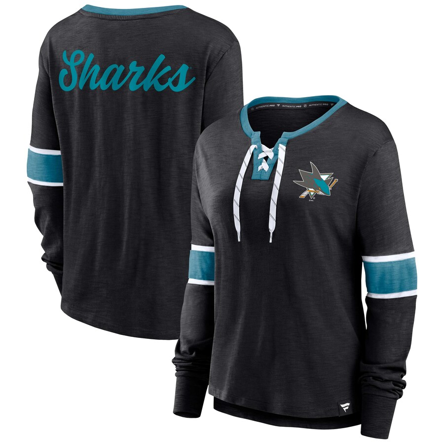 Women's San Jose Sharks Fanatics Black Effervescent Exclusive Lace-Up Long Sleeve T-Shirt
