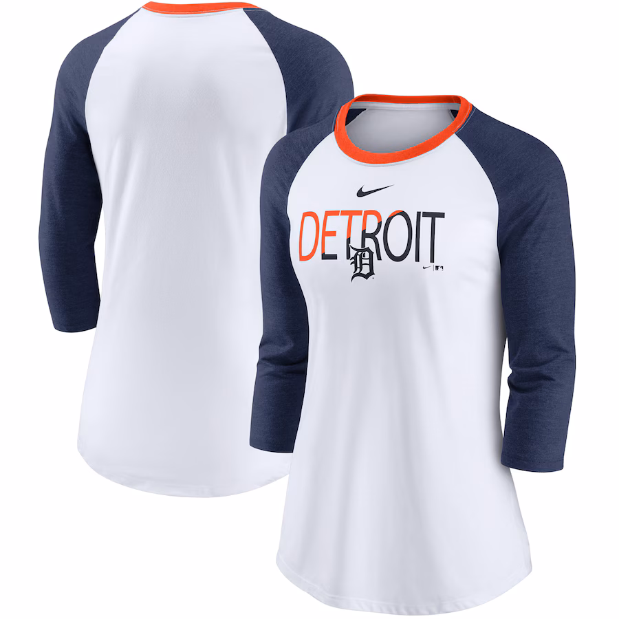 Women's Detroit Tigers Nike White/Heathered Navy Color Split Tri-Blend 3/4-Sleeve Raglan T-Shirt