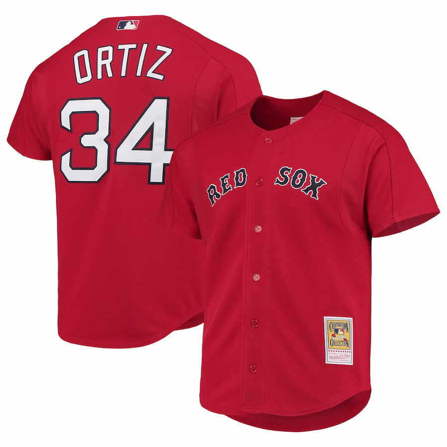 Men's Boston Red Sox David Ortiz Mitchell & Ness Red Cooperstown Collection Mesh Batting Practice Button-Up Jersey
