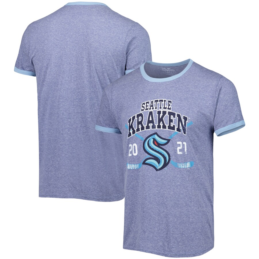 Men's Seattle Kraken Fanatics Heathered Deep Sea Blue Buzzer Beater Tri-Blend Ringer T-Shirt