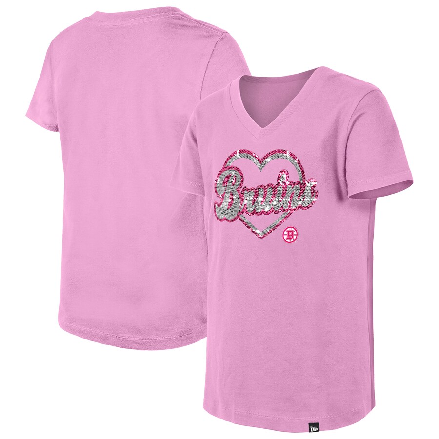 Girl's Youth Boston Bruins New Era Pink Flip Sequin V-Neck T-Shirt