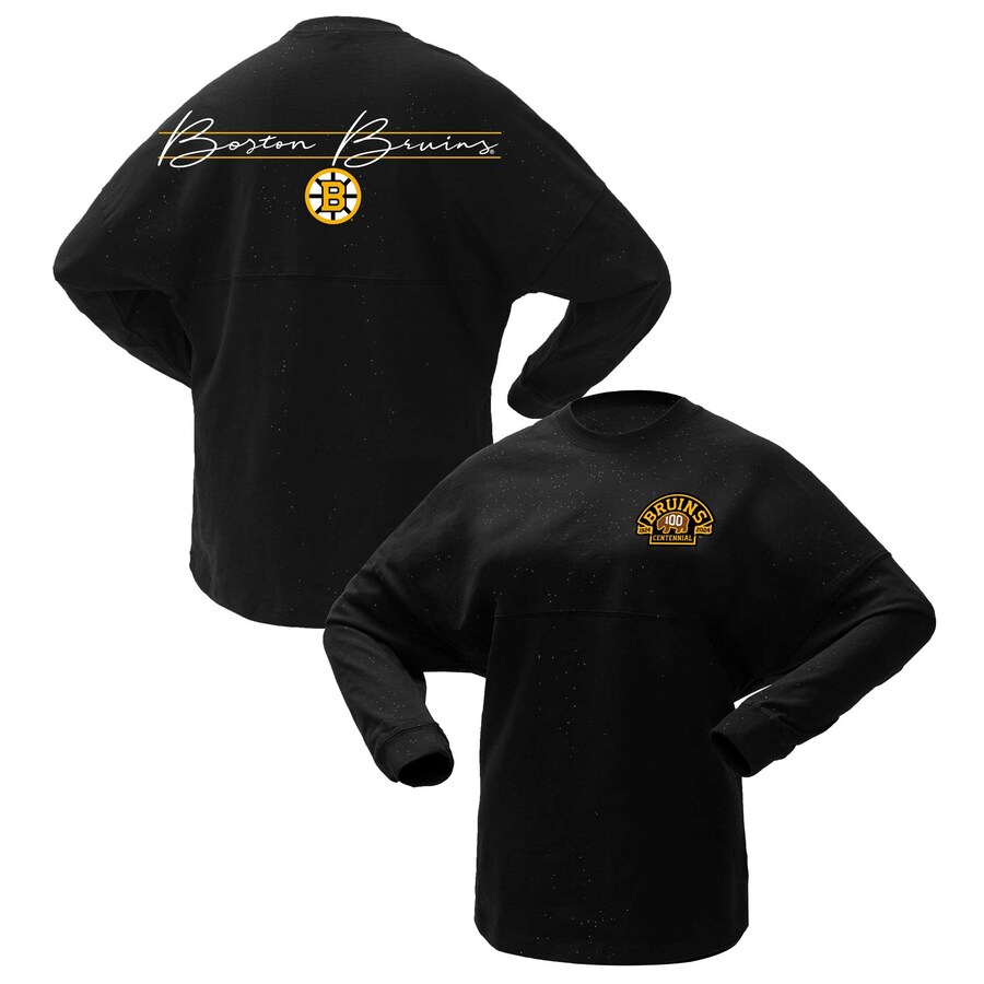Women's Boston Bruins Fanatics Black 100th Anniversary Sparkle Spirit Jersey T-Shirt